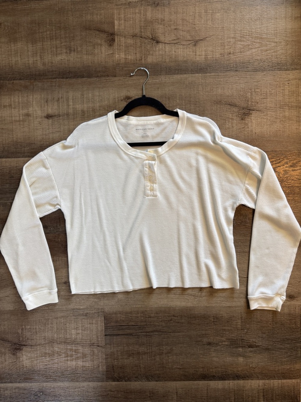 American Eagle Outfitters Cream Waffle Knit Henley Button-Down Top